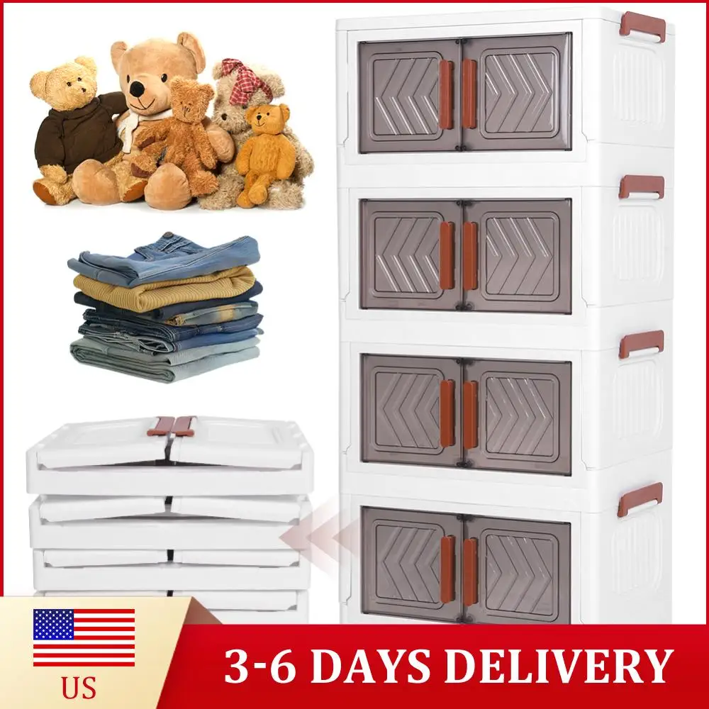 

4-ярусный пластиковый складной шкаф-органайзер с дверцами и колесами для дома, офиса, общежития