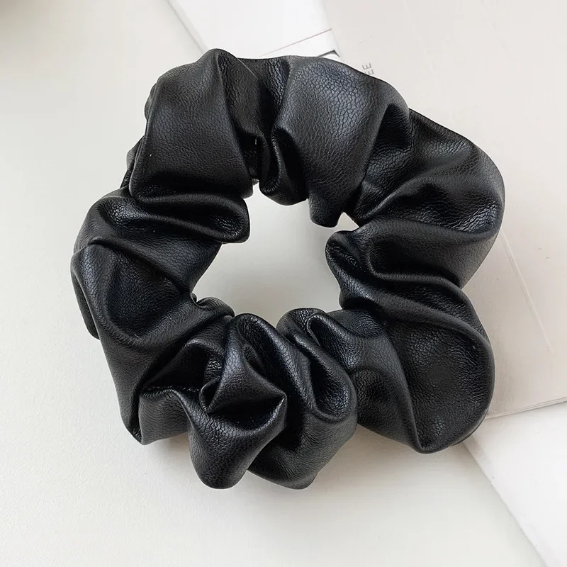 2024 Autumn Winter New Black PU Leather Tie Hair Ring Solid Color Large Intestine Ring Girls' Women Hair Accessories Headwear