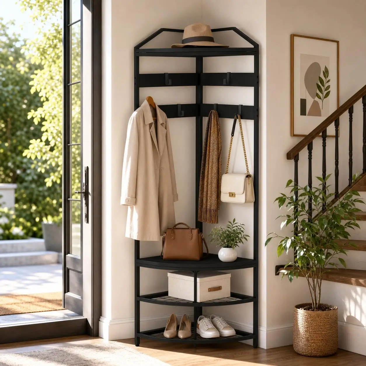 Black Freestanding Corner Coat Rack, Multi-use Metal Hall Tree with Mesh Storage Shelf, Anti-toppling Stable Clothes &