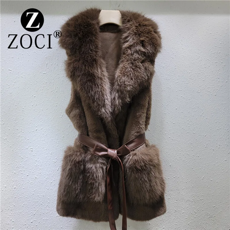 [zoci] 2024 Autumn Winter Vest Mid To Long Style Lapel Strap Pocket Simulation Mink Fur Grass Clip