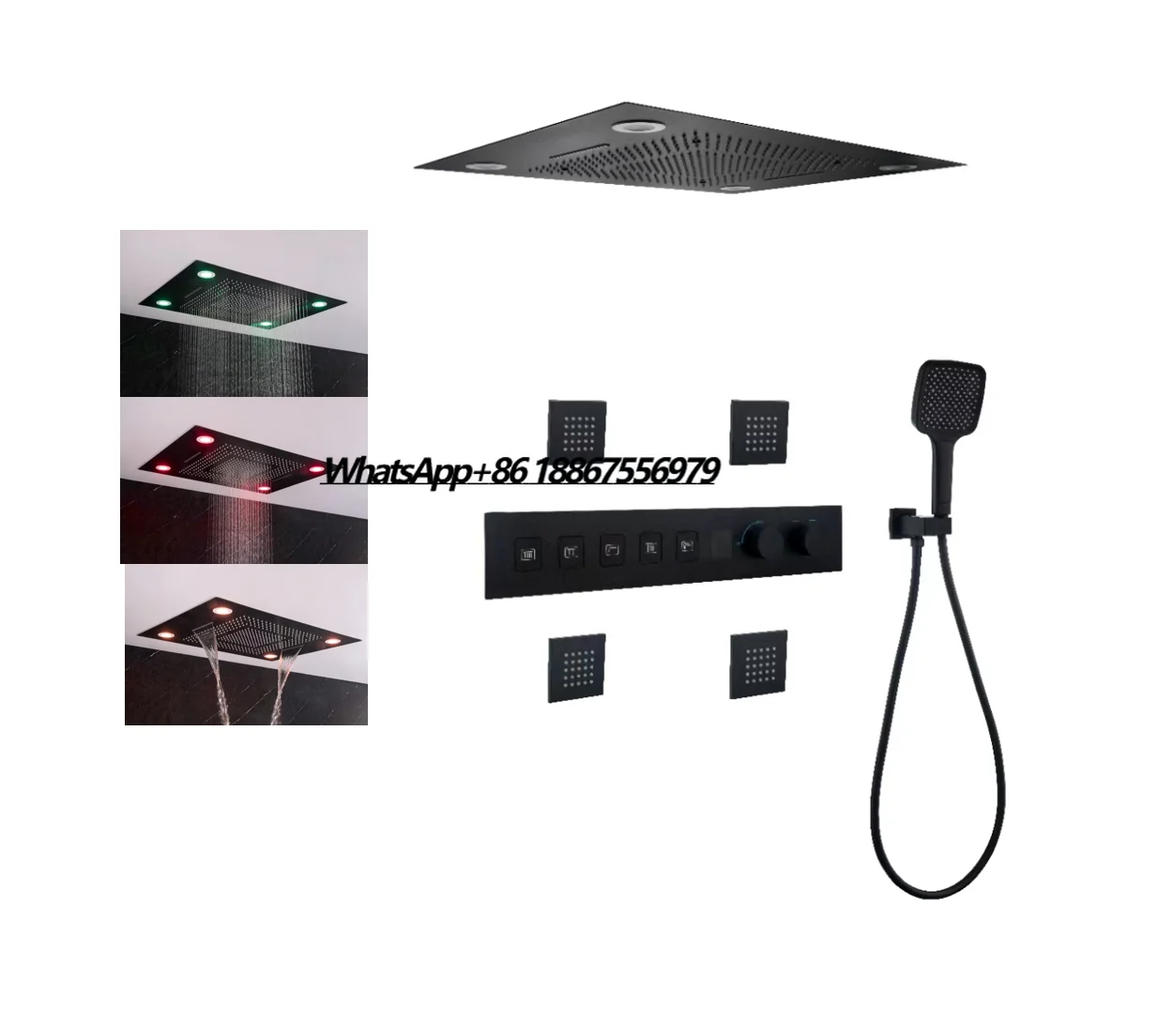 5 Ways Ceiling Rain LED Smart Thermostatic Shower System Faucet Brass Square Modern Ceramic Hotel Black Shower Set Body Jets