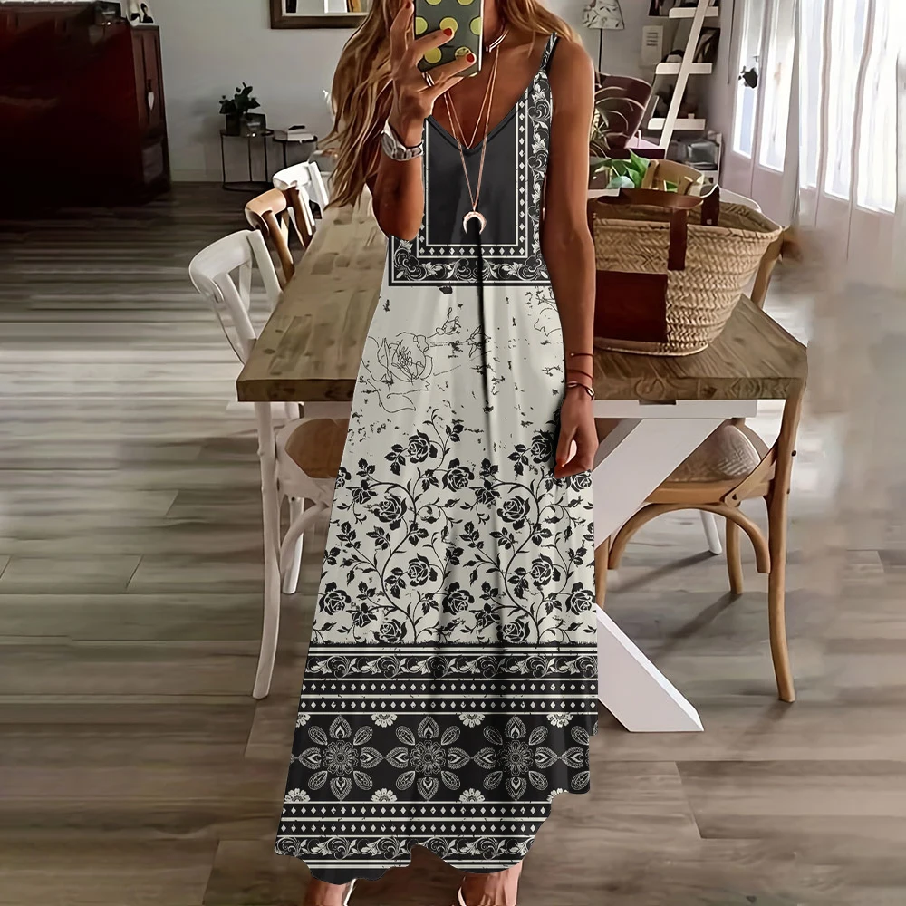 2024 Classic Black And White Floral Print Dress Women Vintage Boho Spaghetti Strap Beach Dress Plus Size Casual Daily Maxi Dress