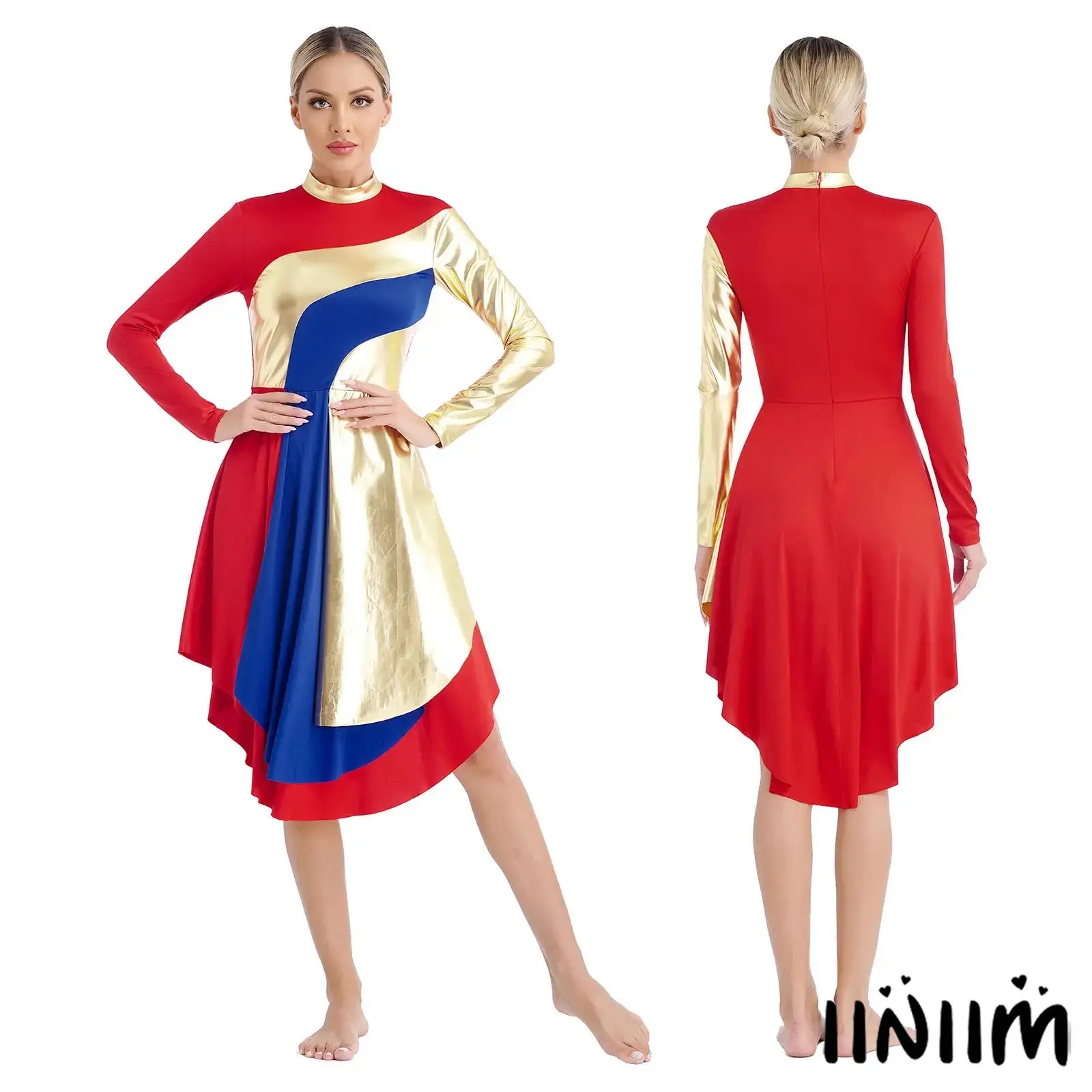 

Women Girls Long Sleeve Contrast Color Patchwork Praise Dancewear Church Worship Liturgical Lyrical Ballet Modern Dance Dress