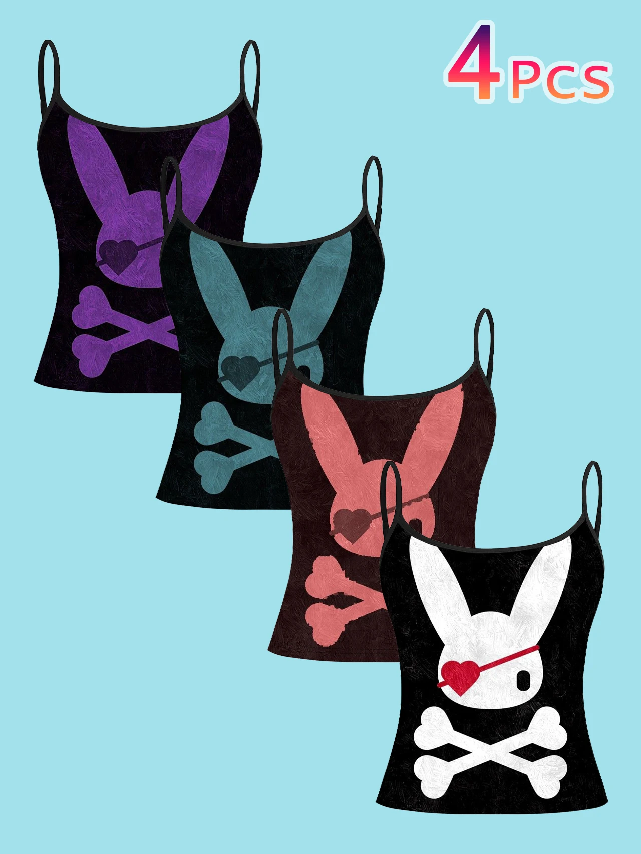 4-Piece Set Y2K Retro Distressed Heart Eye Mask Rabbit Skull Crossbones Women's Camisole Colorful Rabbit Pattern Slim-Fit Spaghetti Strap Short Camisole Top