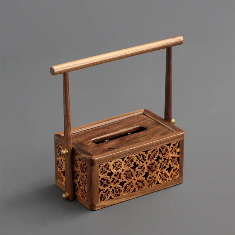 

Japanese Style Tea Room Tissue Box Black Walnut Wood Tissue Holder Tall Handle Tissue Dispenser Carved Floral Tabletop Decor