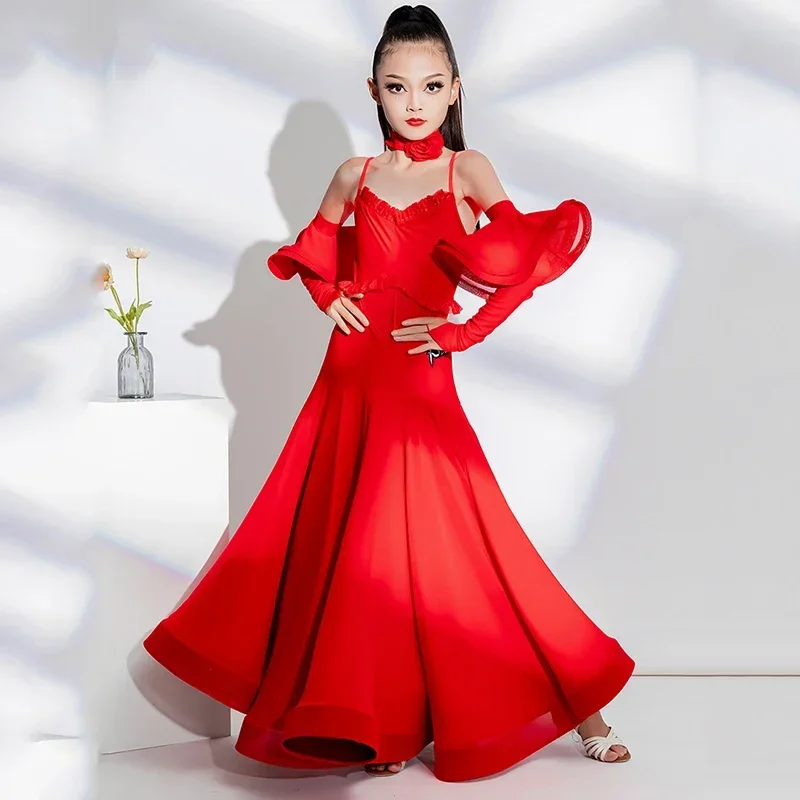 

2024 Girls Ballroom Dance Competition Dress Red Performance Costume Kids Waltz Dance ClothesProm Latin Dress Stage Wear BL12184