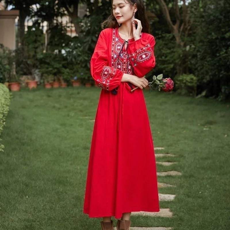 

Beach Vacation Dress, Women's Bohemian Beach Dress, Super Fairy Ethnic Style Embroidered Lantern Sleeves, Big Swing Long Dress
