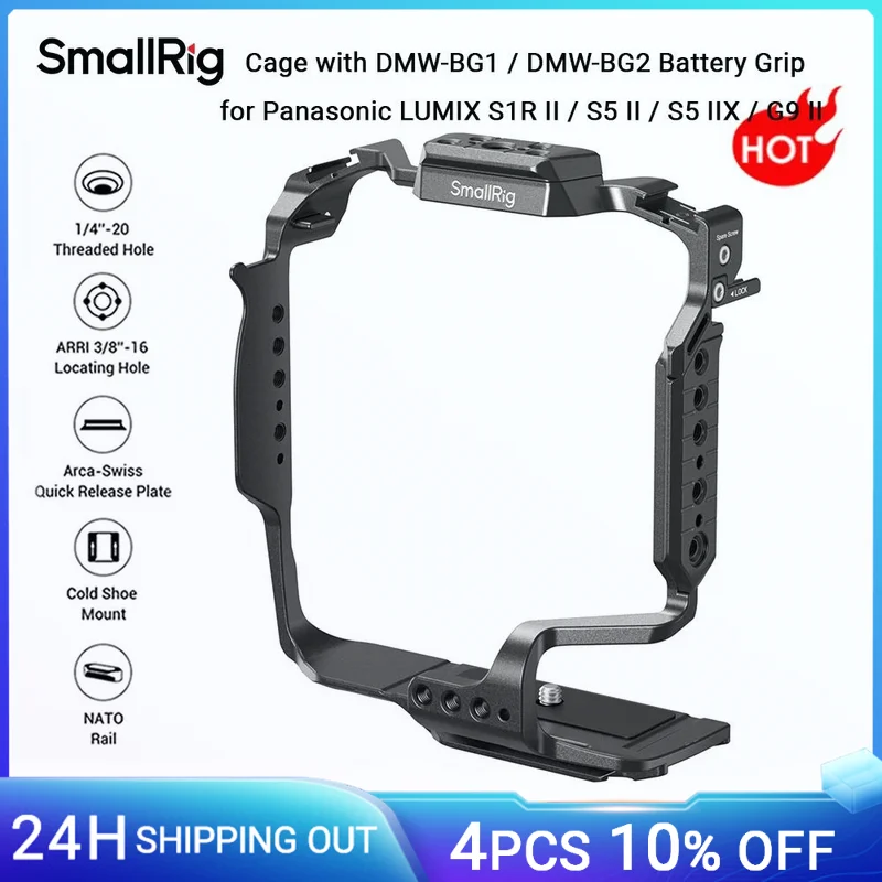 Cage SmallRig pour Panasonic LUMIX S1R II / S5 II / S5 IIX / G9 II avec poigne DMW-BG1/ DMW-BG2 avec plaque infrieure Arca-Swiss 5147