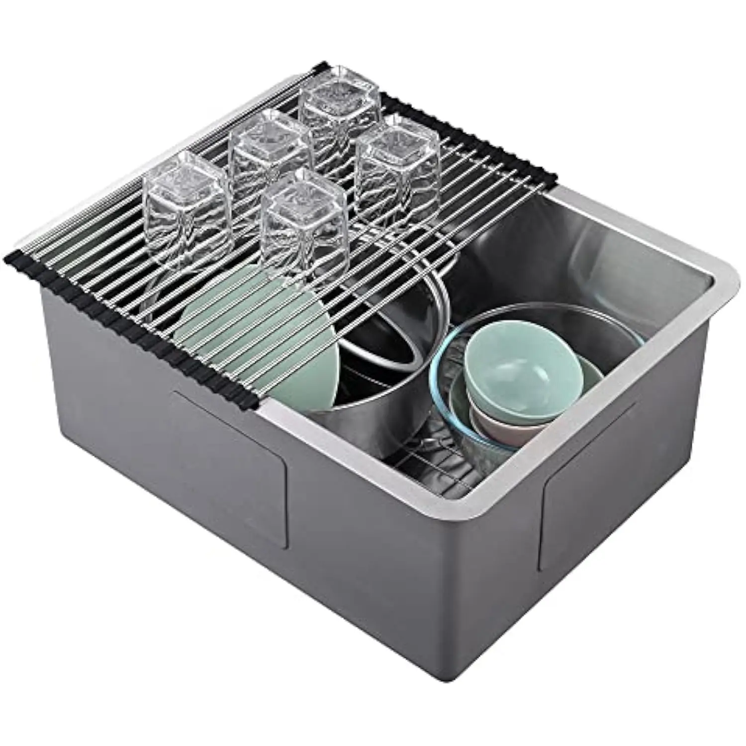 

23X18X10 Кухонная мойка под креплением 16, калибр, раковина из нержавеющей стали с одной чашей, сливная труба, нижняя решетка, корзина, сито R