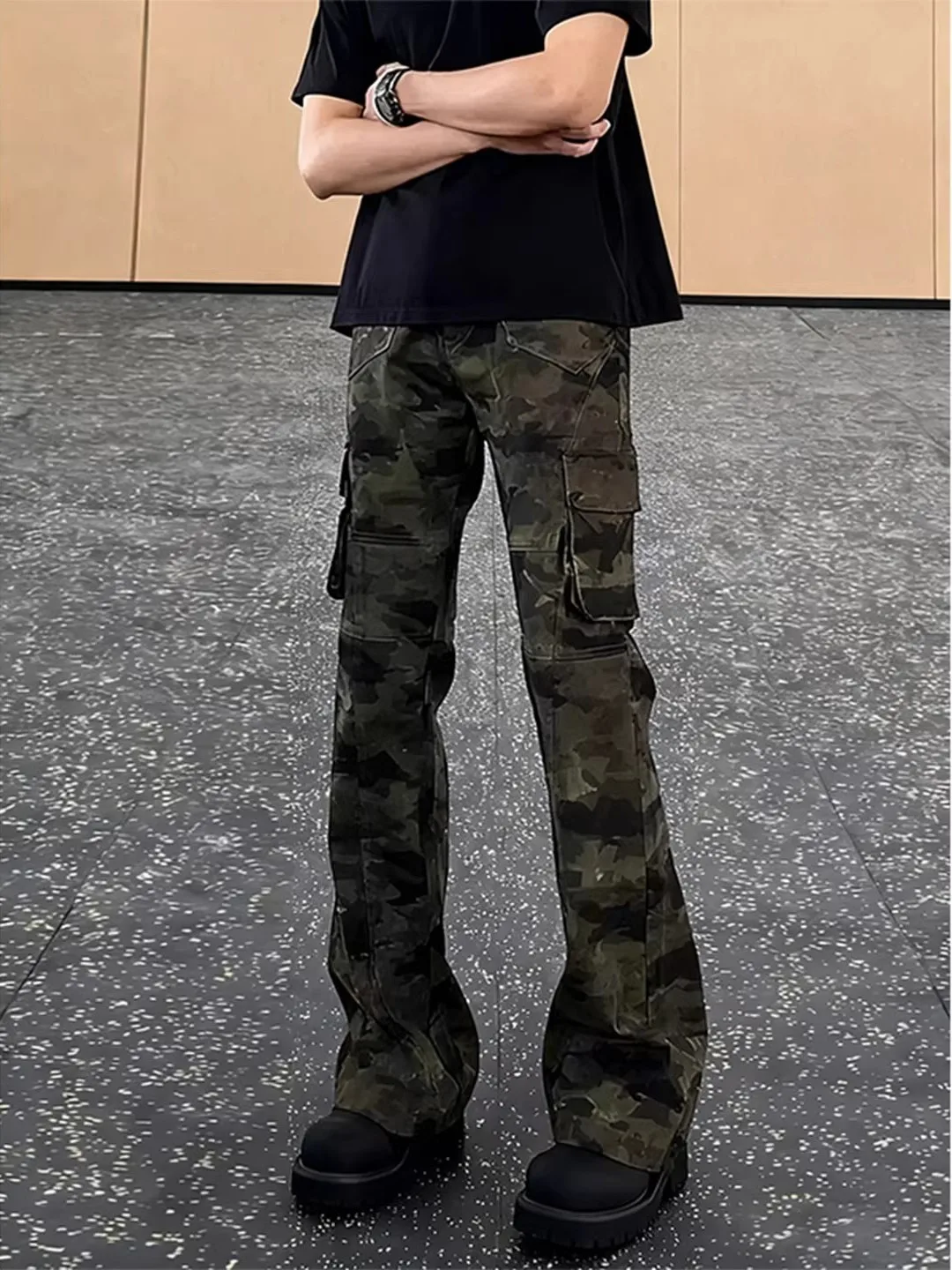 

American Sle Fce Lined Camouflage Jeans Men Thi Retro High Street Vibe Flared Pants Slim Straight Workwear Trousers