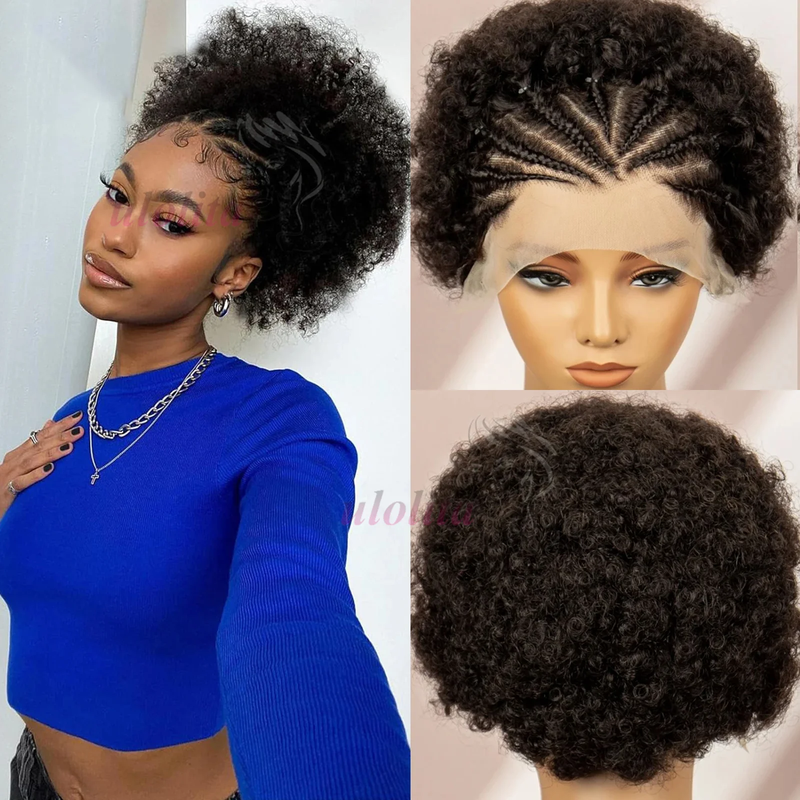 

1B Short Afro Kinky Curly Braided Wigs Human Hair 13x4 Transparent Lace Front Curly Braids Wig With Baby Hair For Black Women