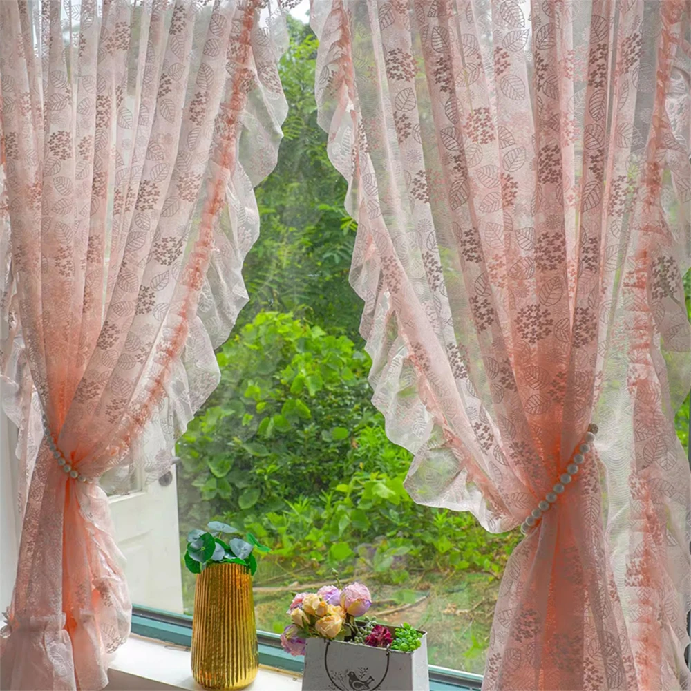 Pastoral Double-Layer One-Piece Floral Gauze Curtain Punch-Free Half Curtain Living Room Balcony Window Screen Customizable