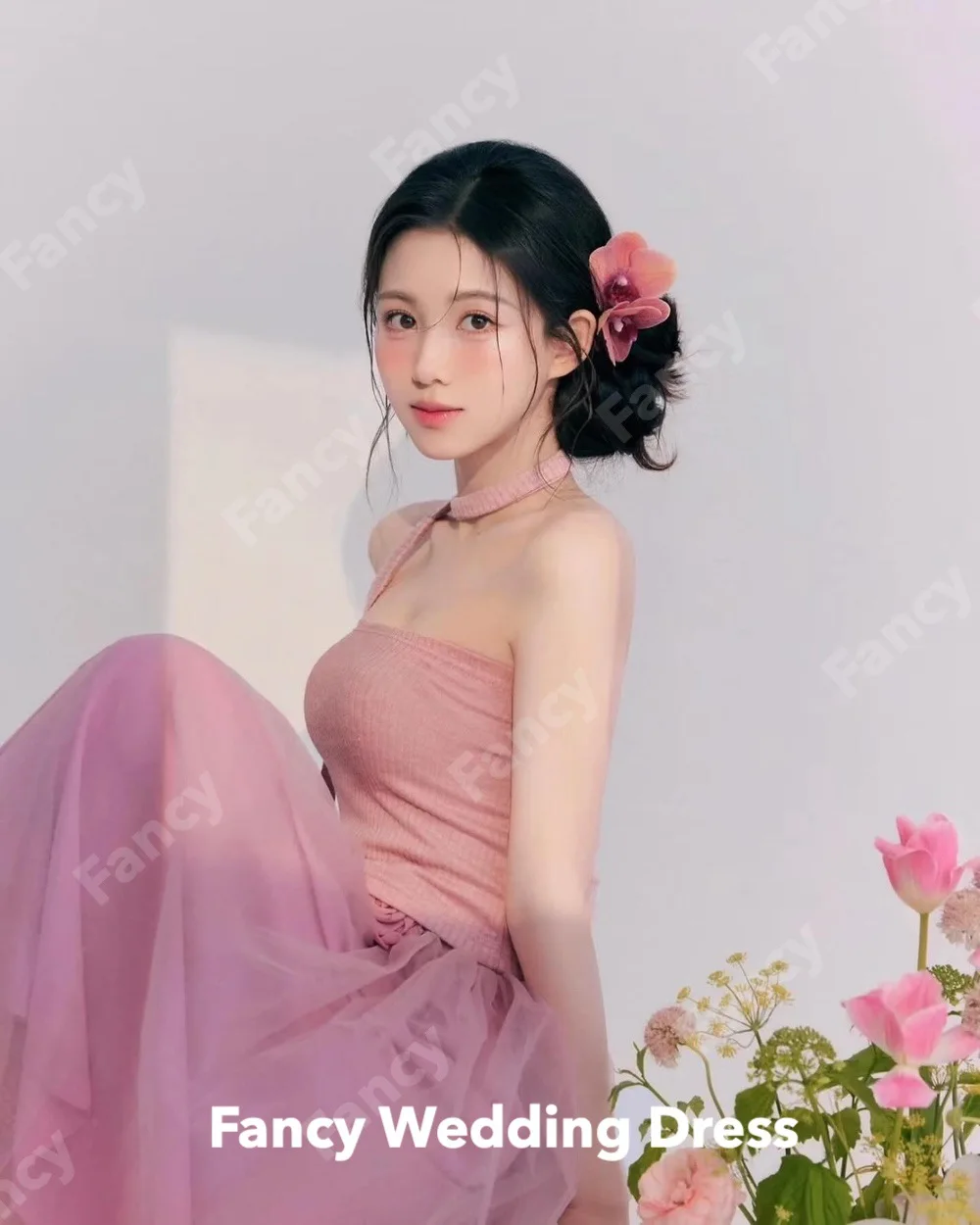 Fancy Korea Strapless Pink Wedding Dress Photography A Line Floor Length Evening Dress Sleeveless 웨딩드레스 Back Zip customized