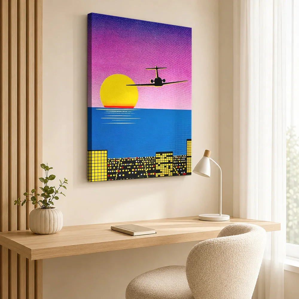 Hiroshi Nagai Sunset Flight Cityscape Canvas Print With Wooden Frame Personalized Photo Vaporwave Color Wall Art For Living Room