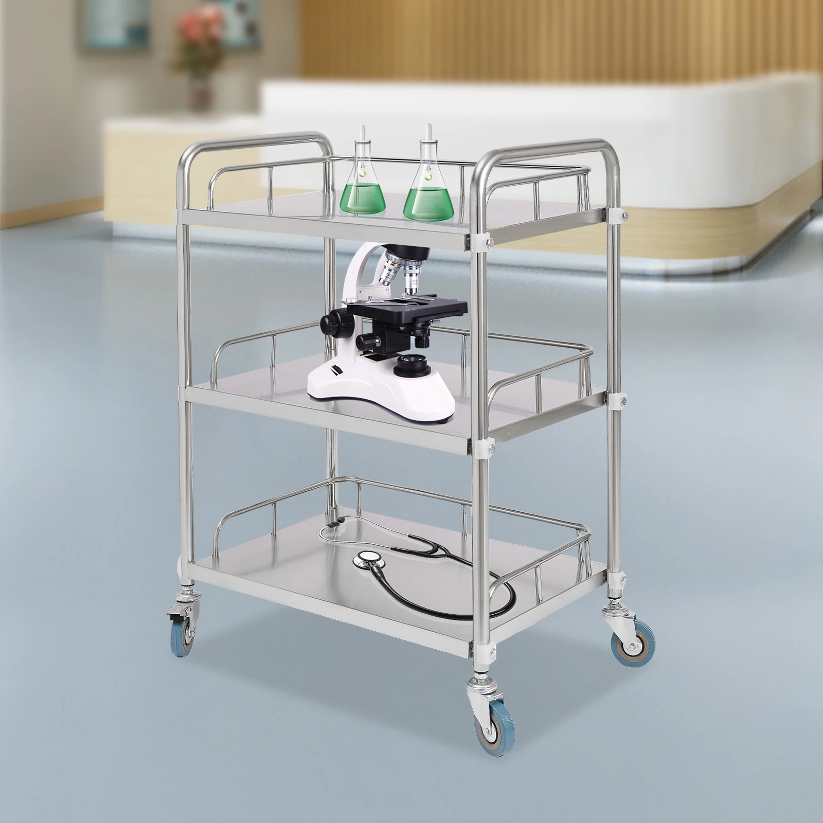 Mobile Lab Cart Trolley 3 Layers Rolling Clinic Serving Cart, Medical Utility Trolley with Silent Omnidirectional Lockable Wheel