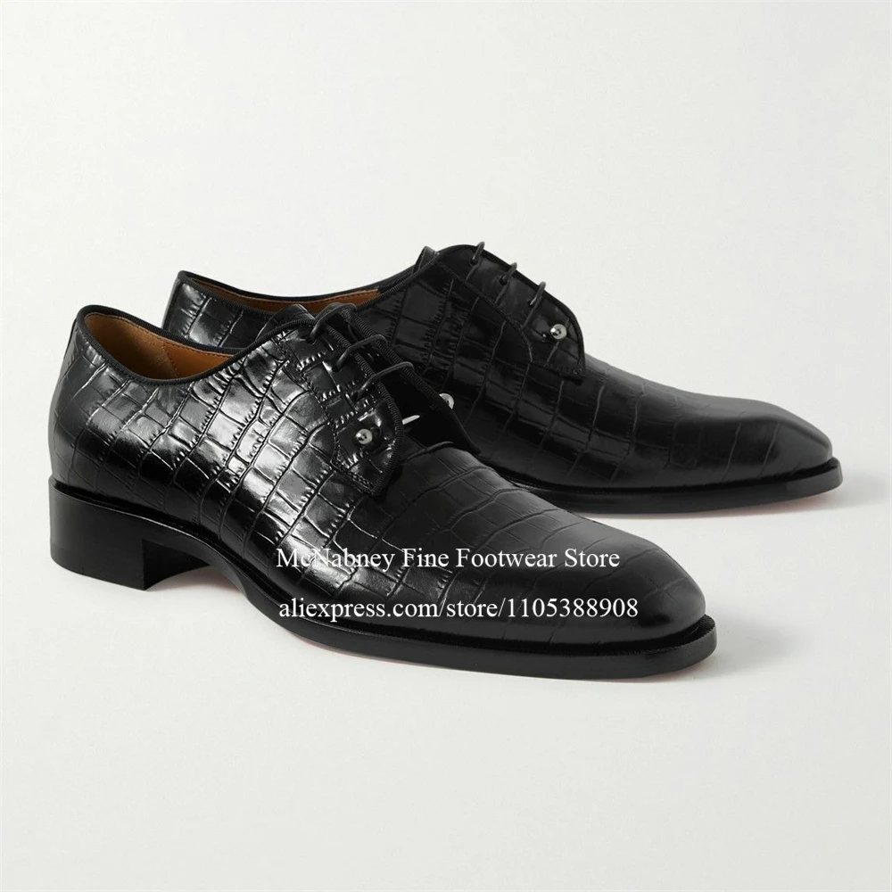 

Metal Pin Buckle Crocodile Embossed Derby Dress Shoes Round Toe Lace up Tips Formal Shoes Wedding Office Business Shoes for Men