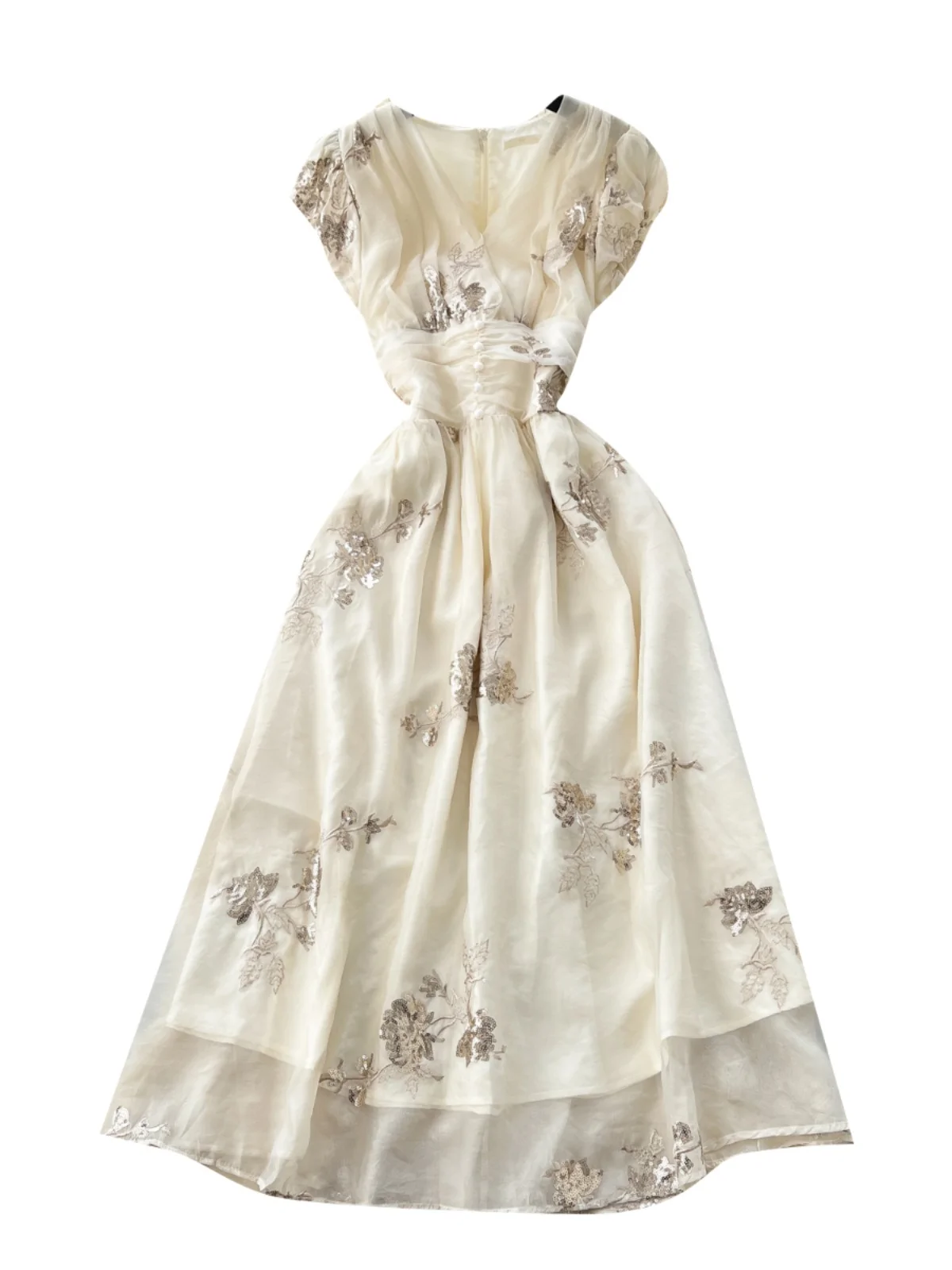 우아한 브이넥 자수 슬림 롱 드레스 여성 레트로 궁정 스타일 휴가 드레스 하이웨이스트 A라인 반팔 드레스