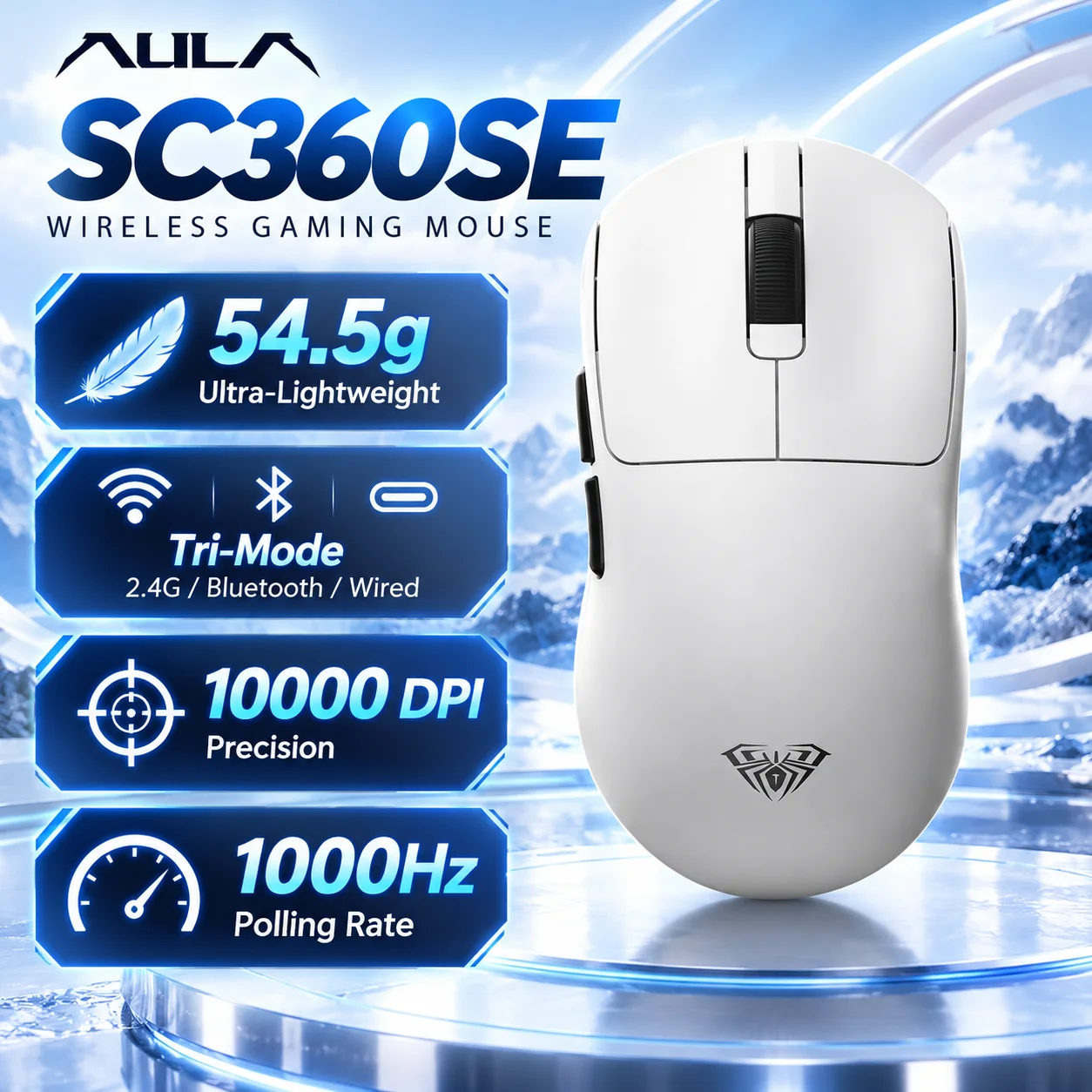 AULA SC360SE Wireless Gaming Mouse 54.5g Lightweight Tri Mode 10000 DPI 1000Hz 800mAh Bluetooth 2.4G USB C