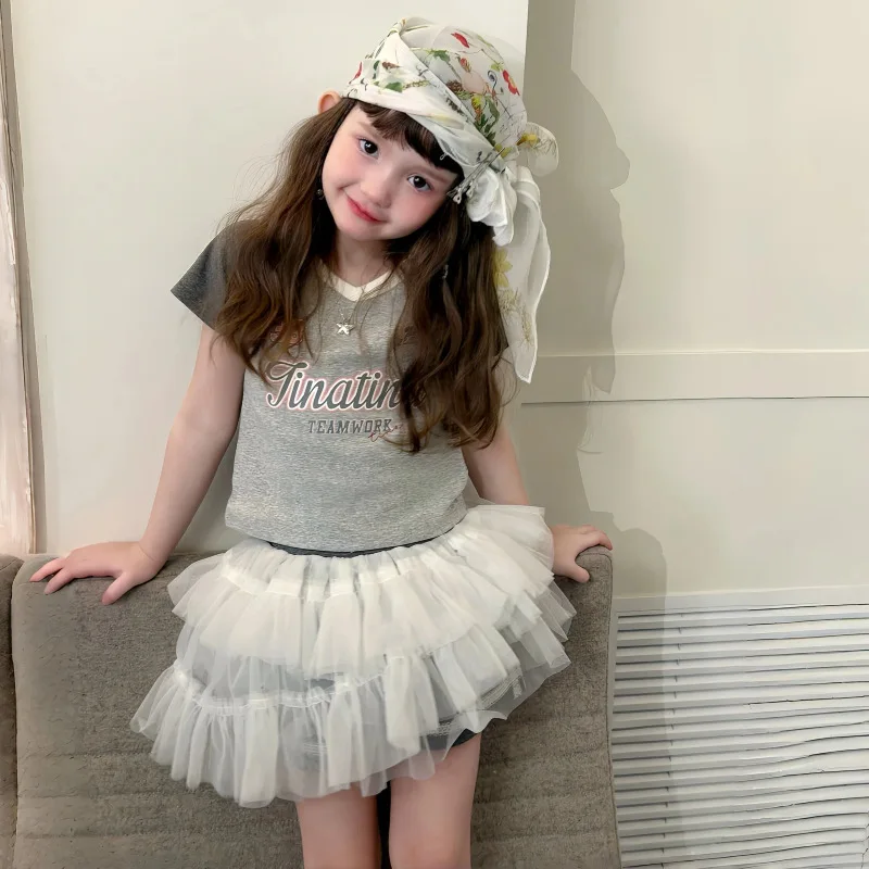 Girls Suit2026New Summer Two-Piece Set for ChildrenTtT-shirt tops, stylish baby clothes, children's clothing, gauze skirts
