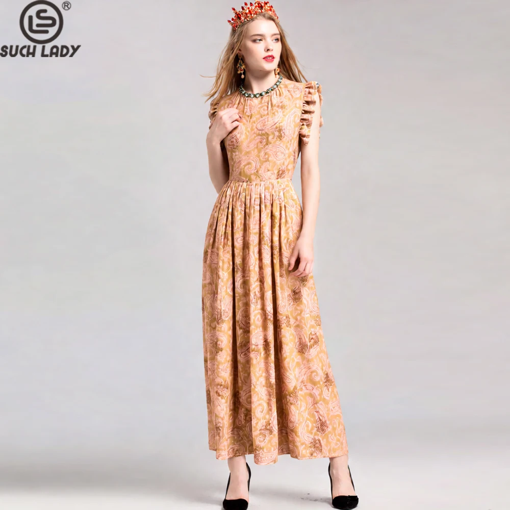 

Women's Pink & Gold Paisley Brocade Maxi Dress, High Neck Ruffle Cap Sleeve Formal Gown, Vintage Chic Elegant Dress