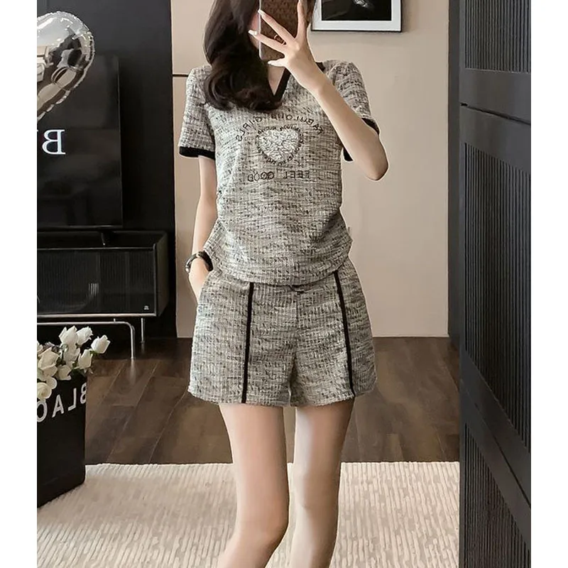 Sweatshirts 2024 Summer New Women's Spliced Turn-down Collar Printed Letter Casual Stylish Loose Short Sleeve Elastic Shorts Set