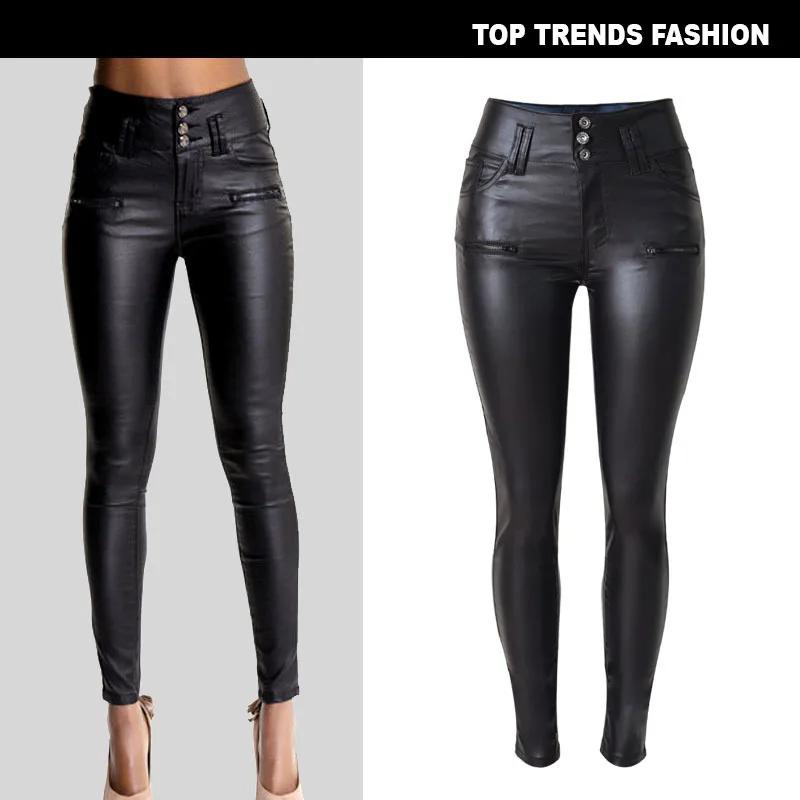 

Women's Pants High Waisted 3 Button Slim Faux Leather Pants and Small Leg PU Women Pants