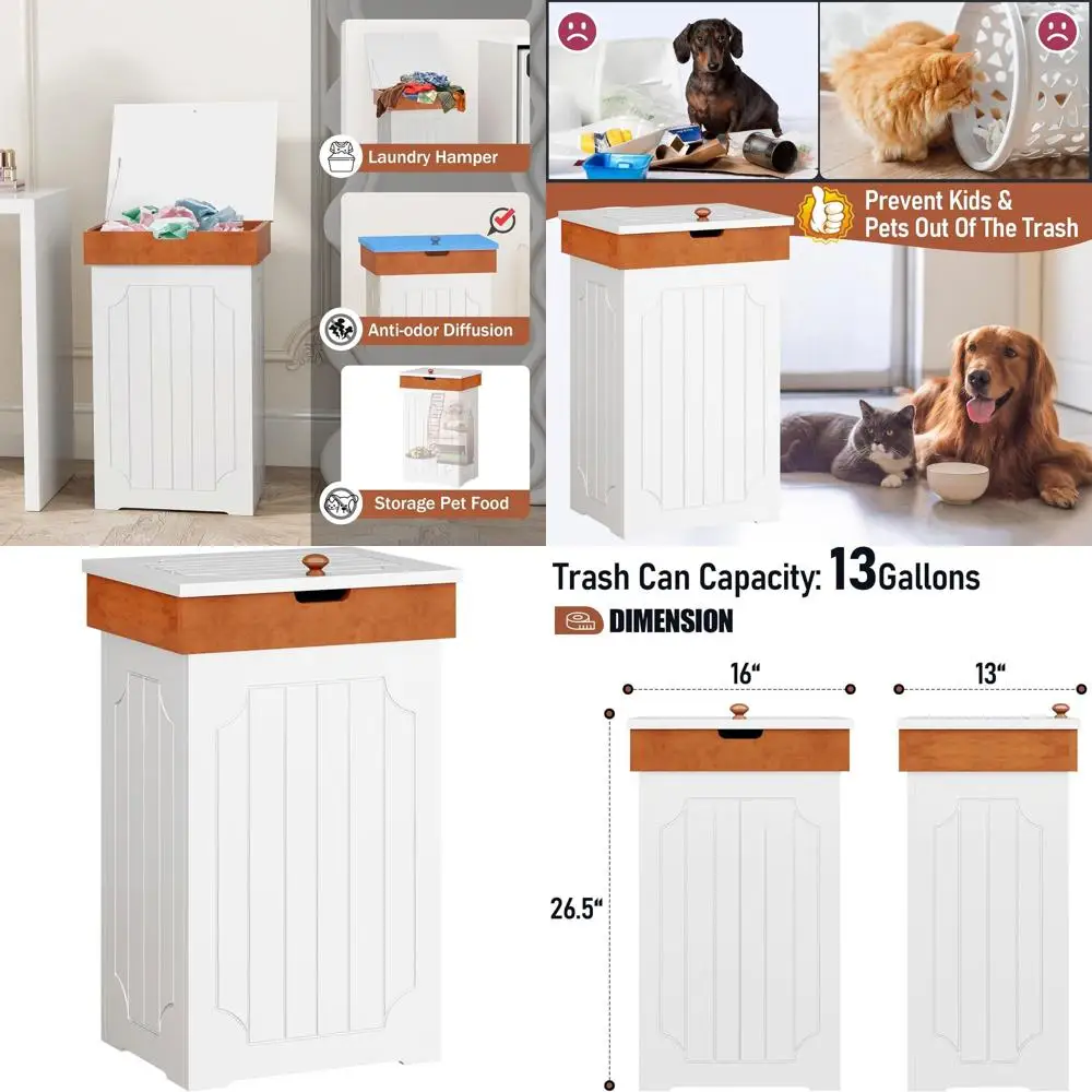 

White 13-Gallon Kitchen Trash Cabinet with Lid, Wooden Recycling Bin, Dog-Resistant Garbage Can for Home Use