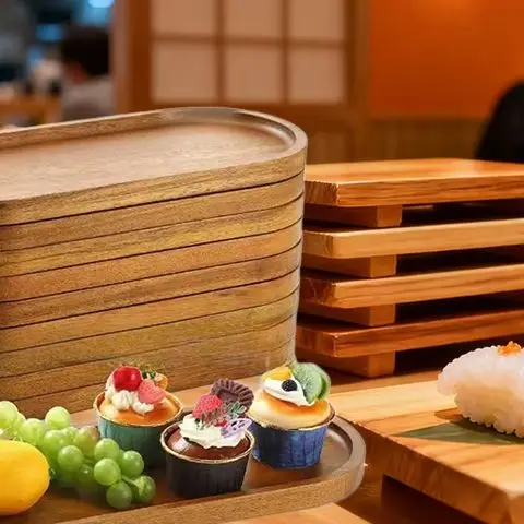Plato de postre redondo de madera maciza de estilo japonés, bandeja de madera, plato para aperitivos, plato de fruta seca, vajilla tradicional de madera para servir