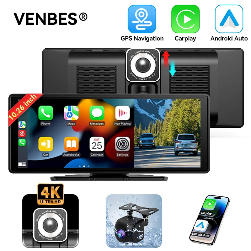 VENBES 10.26 بوصة راديو سيارة لاسلكي محمول Carplay وAndroid Auto Support شاشة مقسمة Mirrorlink Bluetooth