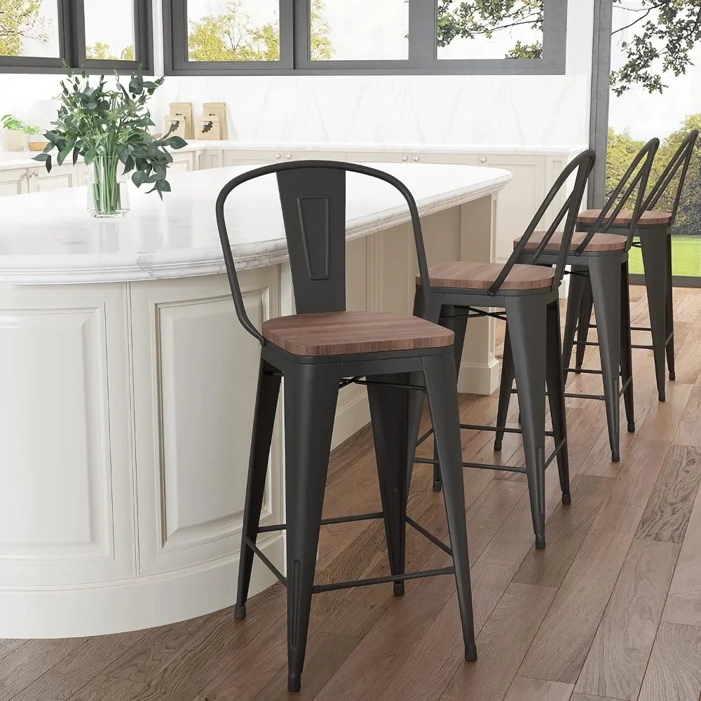 Set of 4 Farmhouse Bar Stools with High Back, 26-Inch Matte Black Metal Stools for Comfortable Kitchen Seating.