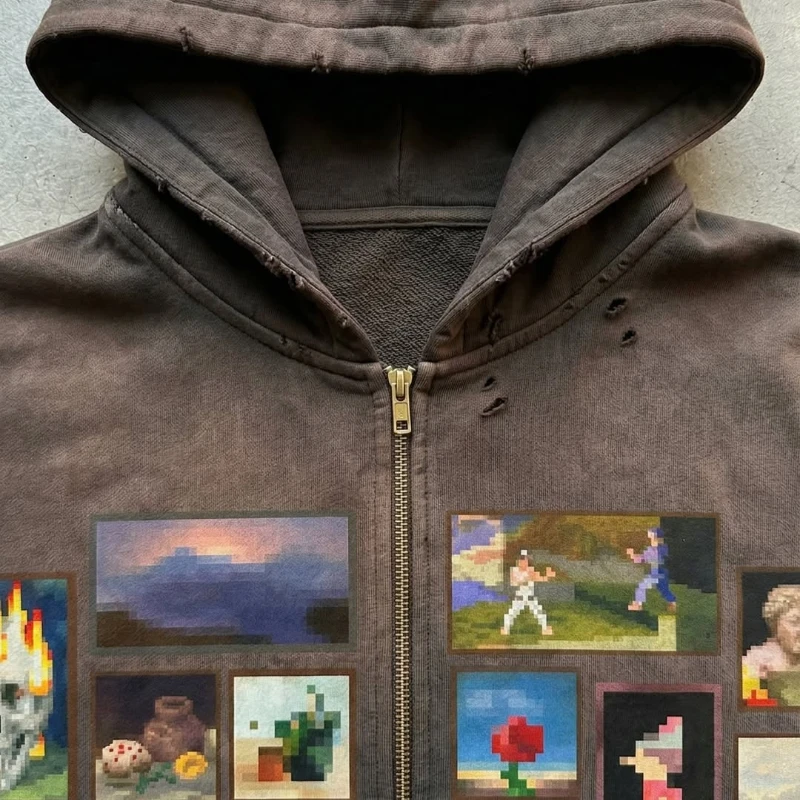 Y2K Retro Brown Washed Hoodie Pixel Paint Print Gallery Zipper Sweatshirt Trendy Distressed Streetwear Unisex Oversize Clothing - Image 3