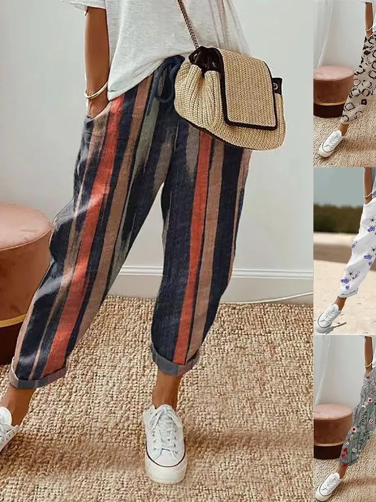 2024 Women Spring Summer Cropped Pants Elastic Waist Drawstring Retro Thin Flower Print Fashion Loose Stripe Pocket Pants