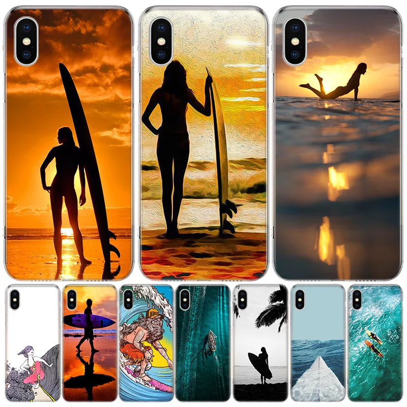 surfboard surfing art surf Girl Case for iPhone 12 13 Mini 14 Plus 15 16 Pro Max 11 X XS Max Clear TPU Protective Phone