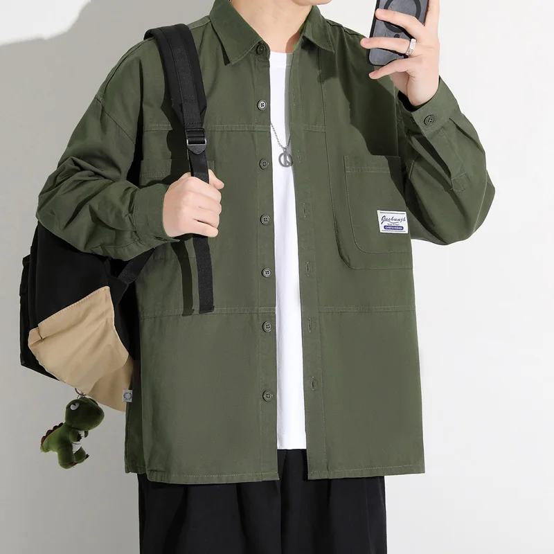 

Свободная повседневная рубашка с длинным рукавом в японском стиле для мужчин, весна-осень, ретро, модная, простая, трендовая, хлопковая рубашка