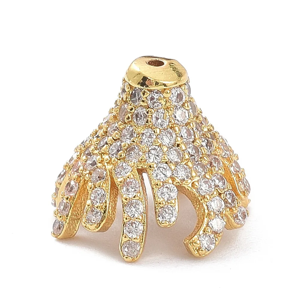 5 Stück Messing-Micro-Pave-Perlenkappen mit klarem Zirkonia, mehrblättrig, 12 x 10 mm, in Gold und Silber für die Herstellung von Schmuckketten – Detail 5