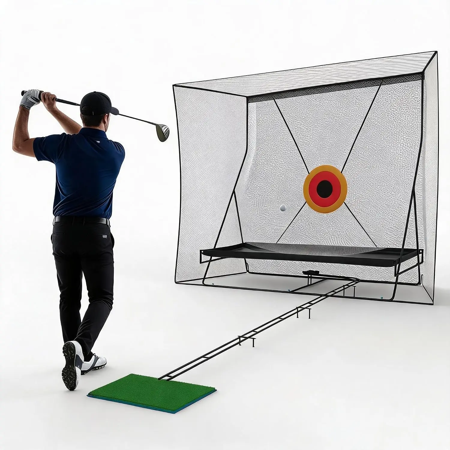 10x7FT Golf Net – Heavy-Duty Steel Frame & Side Barriers | Hitting area with detachable side nets; 32mm powder-coated steel frame & 5-ply polyester mesh; indoor/outdoor use