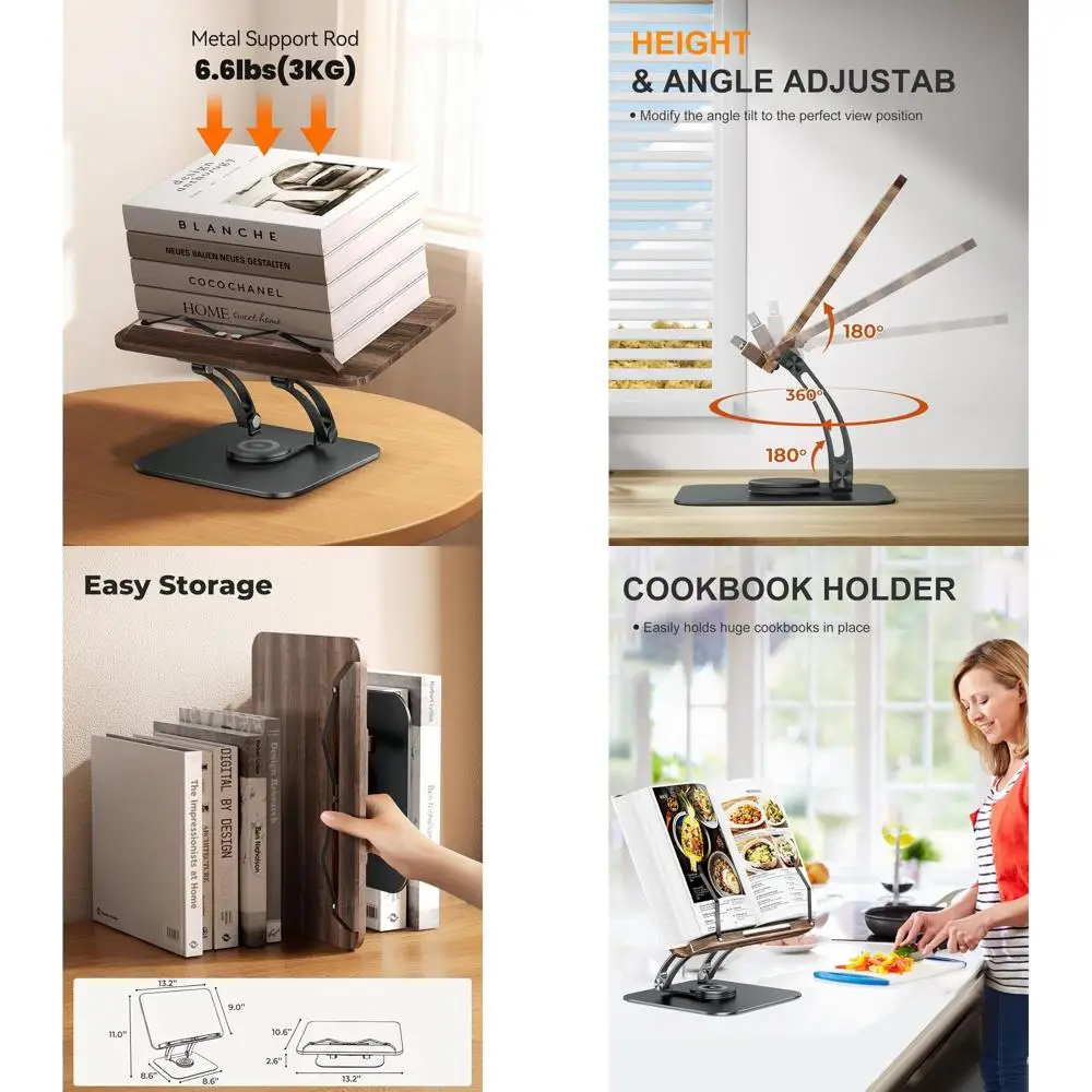 

Регулируемый на 360° ° Поворотная подставка для книг с эластичными зажимами для кулинарных книг, нот и устройств - серая