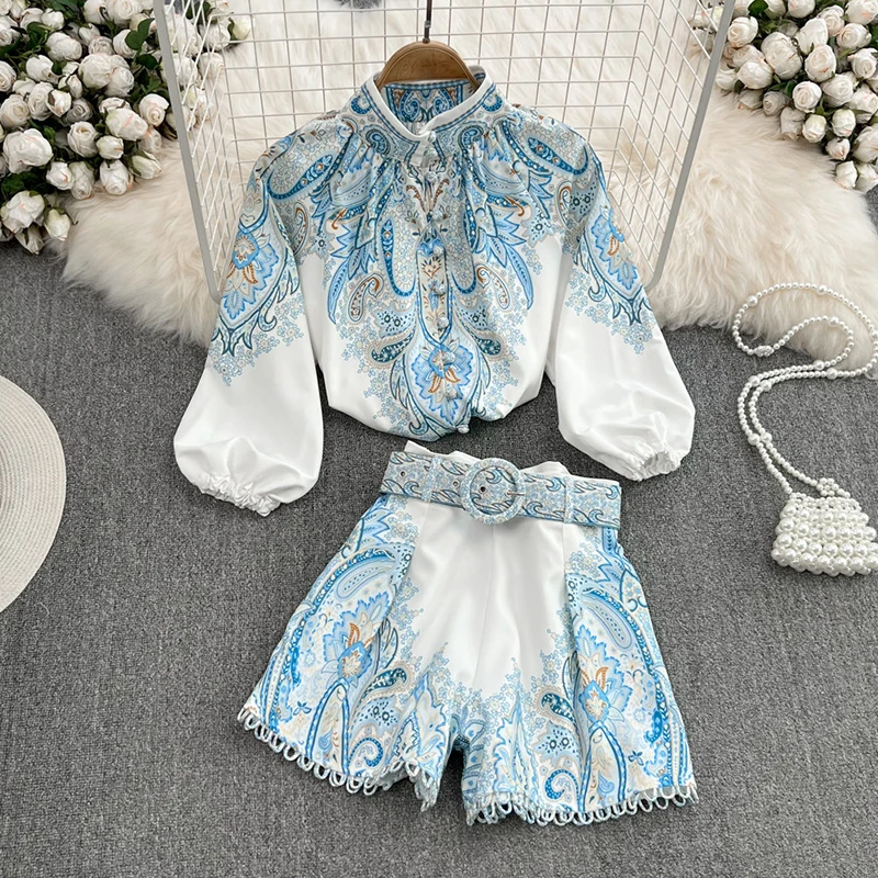 

Женская рубашка с воротником-стойкой, свободная рубашка с рукавами-фонариками и принтом семи четвертей + широкие шорты с высокой талией, летний комплект из двух предметов