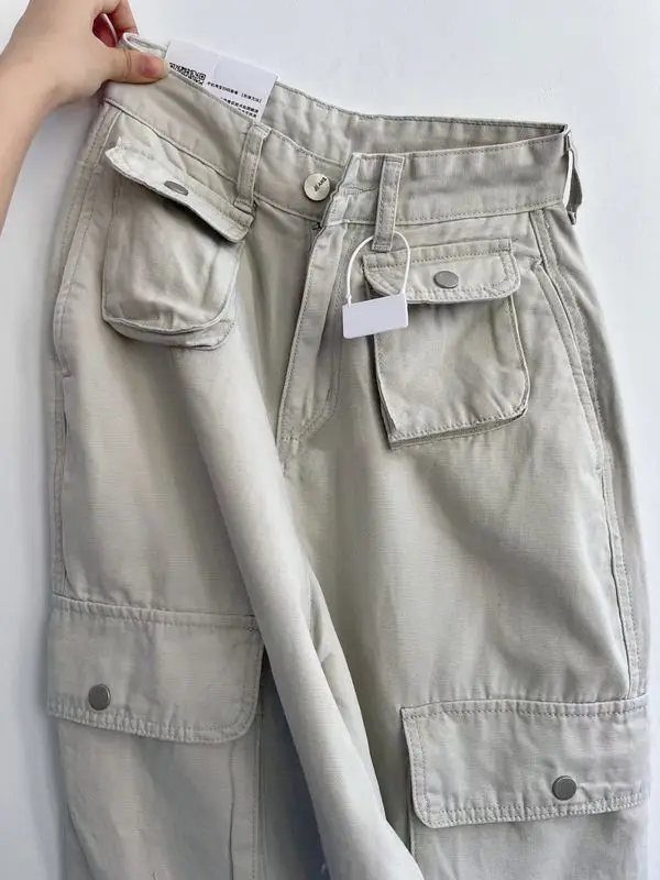 

2023 New Vintage Women Fashion White High Waist Casual Jeans Loose Omighty Wide Leg Pocket Cargo Pants Solid Overalls Trouser