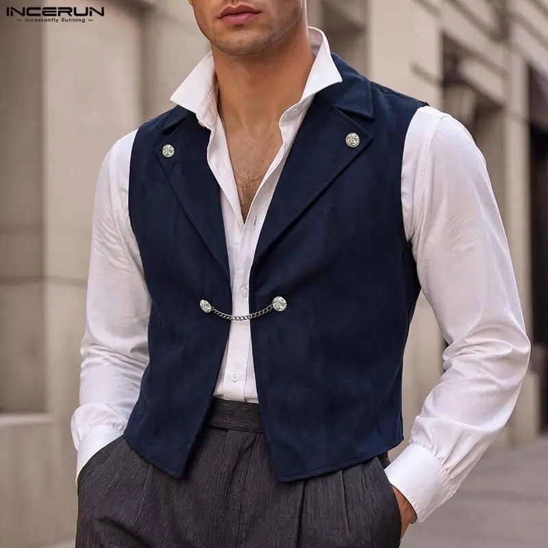 2026 Men's Vests Lapel Sleeveless Elegant Vintage Casual Male Waistcoats Streetwear Solid Color Button Retro Men Clothes INCERUN