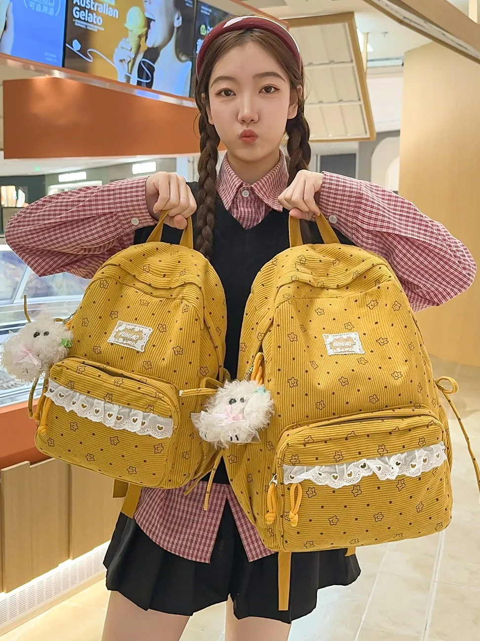 Winter Polka Dot Floral Print Backpack Cute Japanese Style School Bag Sweet Kawaii Daypack for Teen Girls High School Students