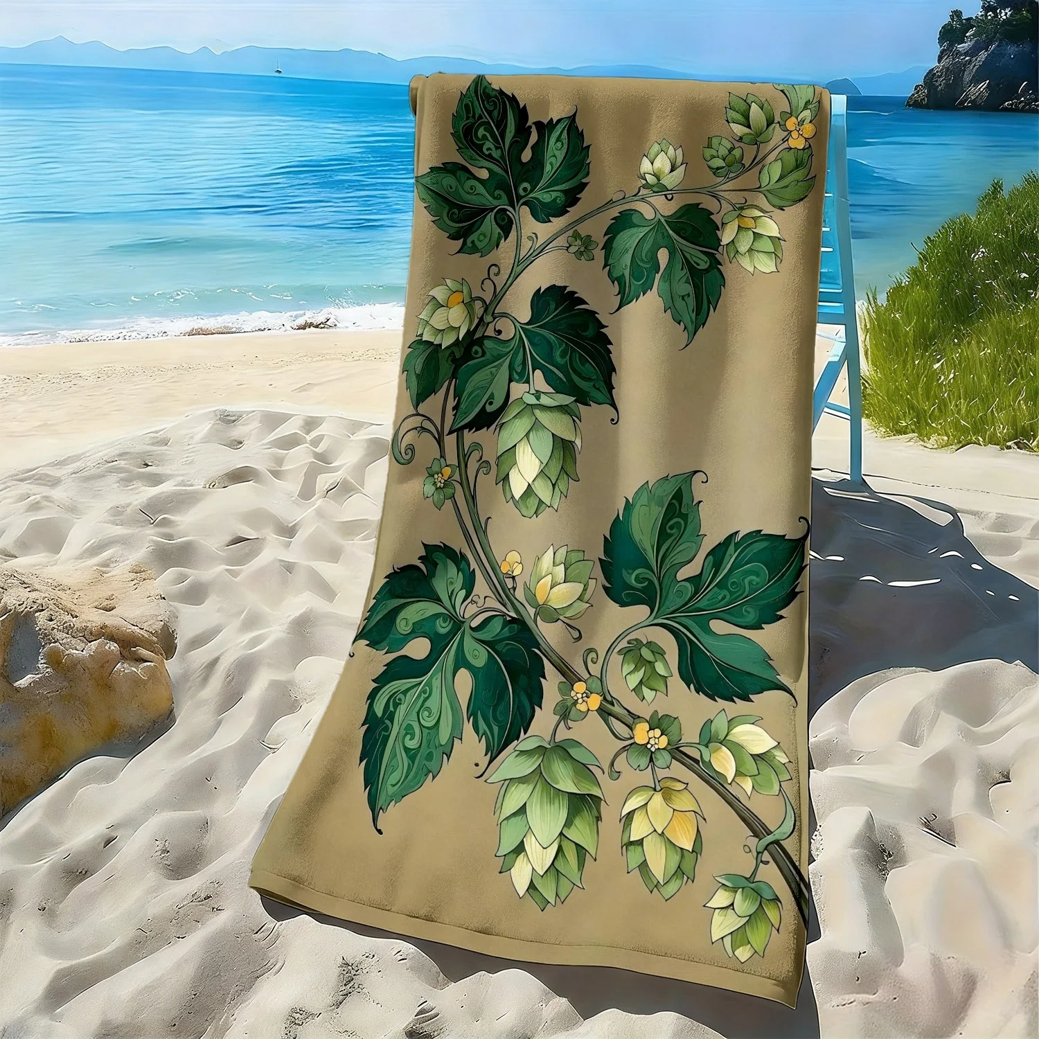 

Retro plant beer hop vine pattern polyester microfiber beach towel is highly absorbent, suitable for swimming and beach outings