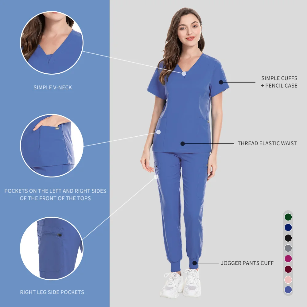 Plus Size Scrub Set Women Medical Nurse Uniform V-neck Scrub Top Jogger Pants Pet Vet Doctor Clothes Healthcare Nursing Workwear