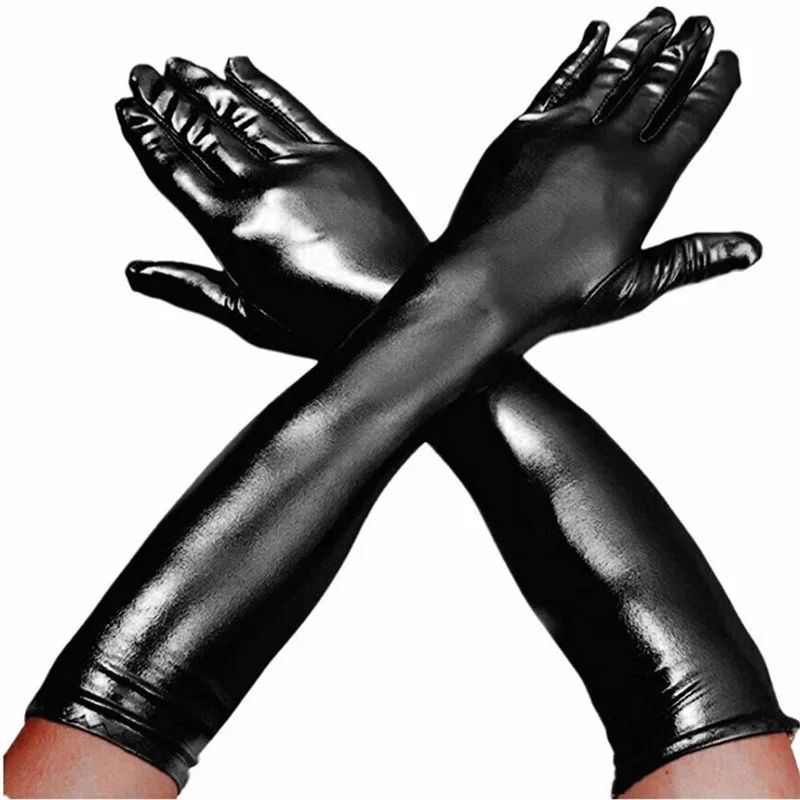 Guantes largos de piel sintética para hombre y mujer, manoplas de piel sintética con dedos completos, Sexy, para club nocturno