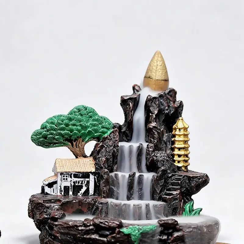 Handmade Resin Backflow Incense Burner Waterfall Mountain Design 1Pcs Portable for Travel Yoga Spa Daily Use