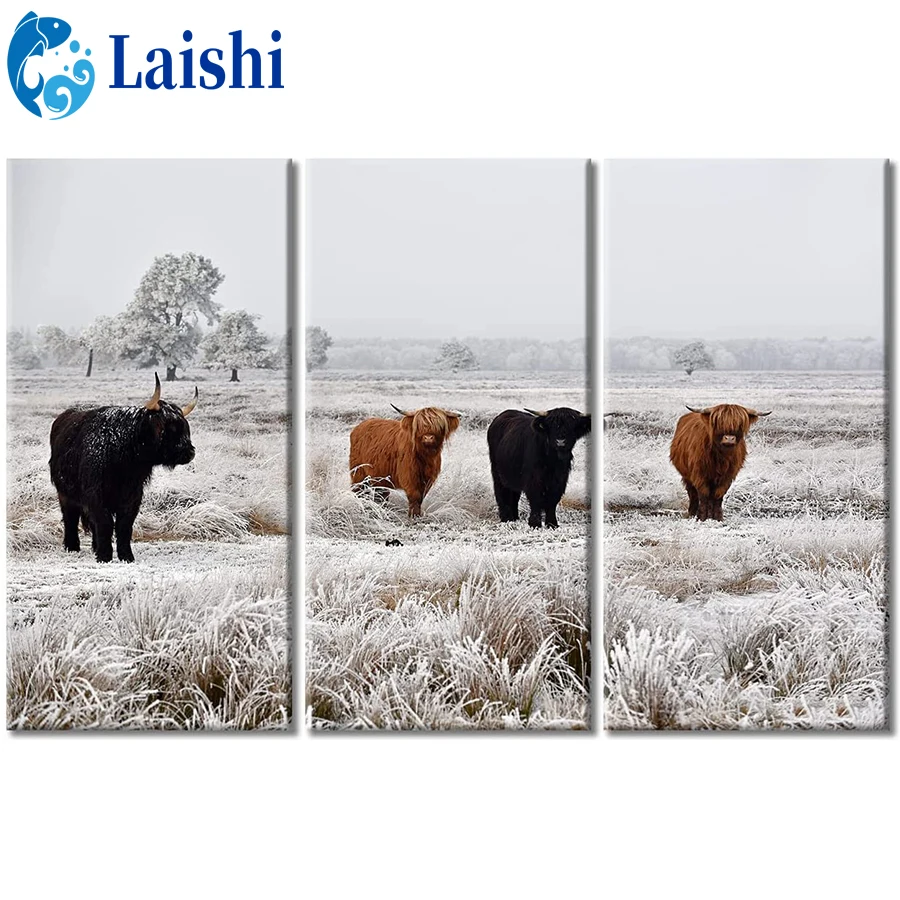 3pcs Snowy landscape, shaggy Scottish Highland cows Diamond Painting Cross Stitch Diamond Embroidery New Handicrafts Home Decor