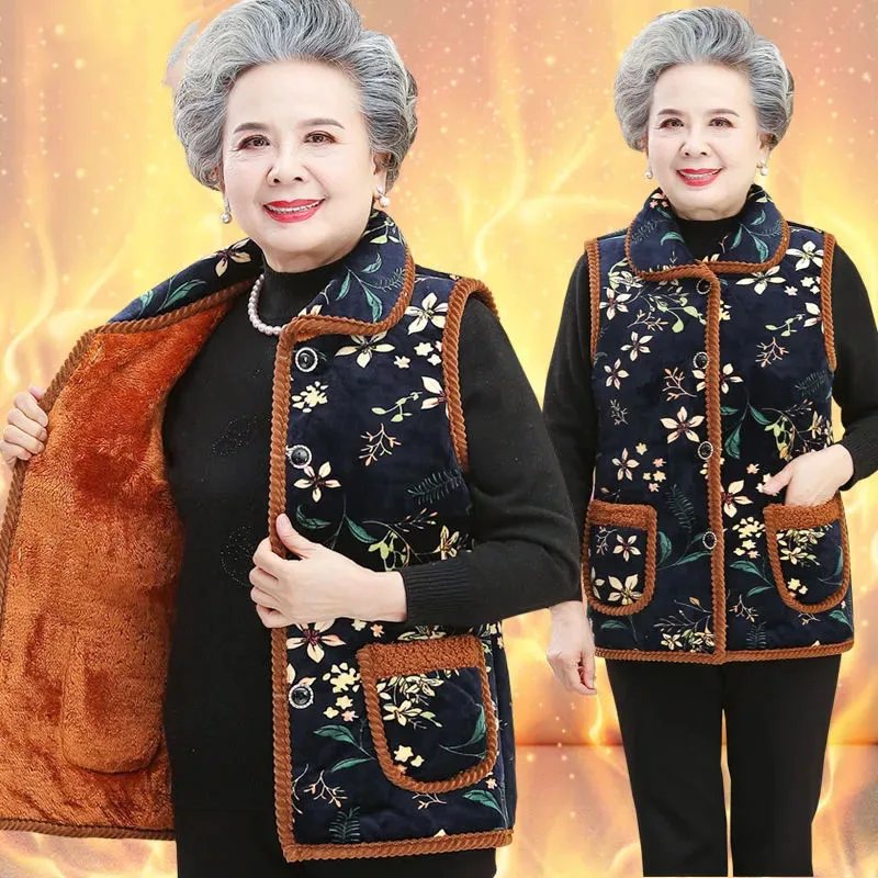 XL-6XL Elderly Women Vest Coat Winter Warm Sleeveless Jacket Female Button Fleece Waistcoat Grandma Thicken Cotton Padded Vests