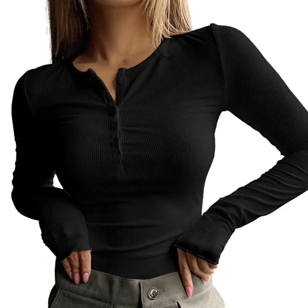 Tops ligeros de manga larga para mujer, blusa elegante con diseño de botones, cuello redondo, otoño