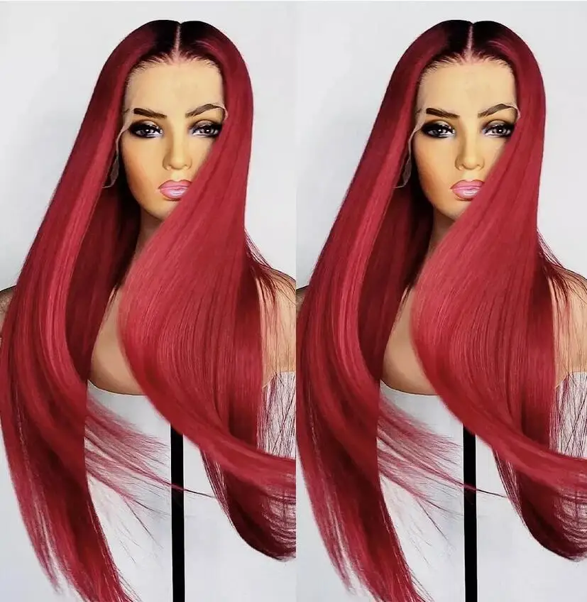 Lace Front Wig Natural Heat Resistant Hair Long Straight Red black root