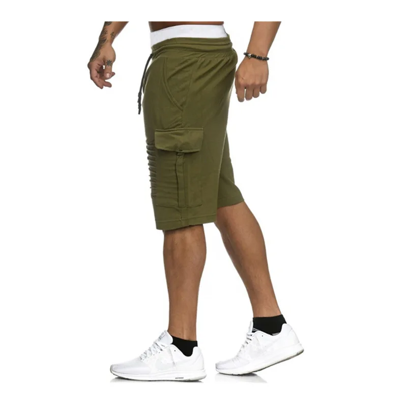 Men's casual striped pocket  shorts with drawstrings, solid color, and five-point length, suitable for spring and summer sports
